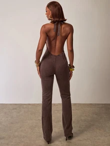 SHEIN BAE جمبسوت نسائي بلون موحد بياقة هالتر للارتداء اليومي الكاجوال - بني - مشاهدة 2