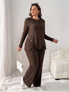 Shapeblank Women's Plus-Size Autumn/Winter Two Pieces Set: Casual Baggy, Comfortable, Everyday Brushed-Fabric Top Asymmetrical Hem Matching Trousers (Brown) Home - Brown - View 2