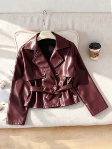 SHEIN 青少年女孩純色腰綁帶休閒百搭長袖夾克 - 酒紅色 - 查看 3