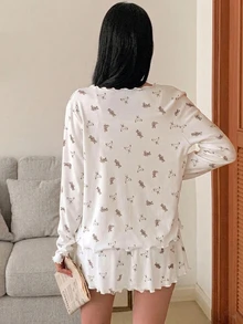 DAZY Cute Bear Pattern Lace Patchwork Sleeveless Fitted Waist Short Cardigan & Long Sleeve Jacket 2-Piece Set, Women's Pajama Outfit For Autumn - White - View 2