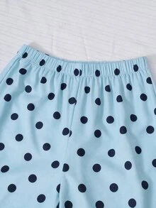 SHEIN 青少年女孩 2件組蝴蝶結鈕扣波點印花背心上衣與長褲 S號套裝，夏季可愛休閒度假穿搭 - 藍色 - 查看 3