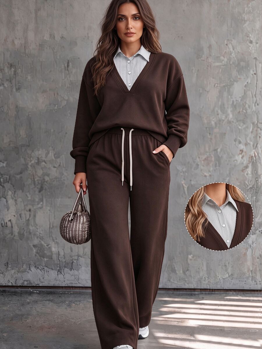 Linhara CURVE Plus Size Women's Casual Coffee Brown 2 In 1 Striped Patchwork Sweatshirt And Elastic Drawstring Wide Leg Sweatpants, Women's Casual Loose Two Pieces Sportswear Set - Coffee Brown - View 1