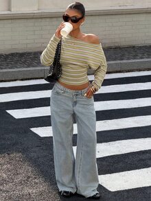 Muchica 女款海軍藍與黃色條紋T恤，夏季休閒日常穿搭蝙蝠袖不對稱領上衣，復古學院風馬匹印花街頭風 - 彩色 - 查看 5