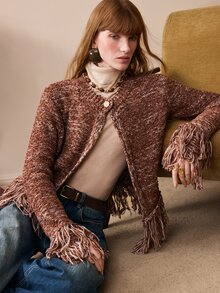 Arave Women's Jacket Straight Short Fit Tweed Fringe Hem Cuffs Round Neck Single Button Elegant Brown Textured Autumn Outfit For Women Thanksgiving - Multicolor - View 6