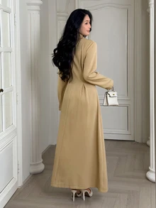 Yumoku Women's Solid Color Lapel Neck Long Sleeve Cinched Waist Elegant Dress - Khaki - View 5