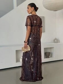 Lavishia 女款深棕色亮片拼接優雅長洋裝，秋季宴會婚禮賓客派對正式禮服 - 咖啡棕 - 查看 9