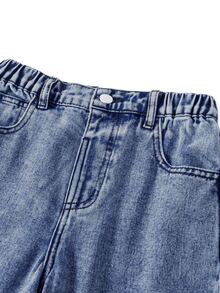 SHEIN 女童 90 年代復古淺色水洗寬鬆牛仔褲，街頭風高腰直筒寬腿廓形長褲 - 中等水洗藍 - 查看 3