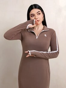 Veilorie Women's Knight Graphic Contrast Color Casual Daily Summer Long Dress - Mocha Brown - View 3