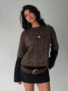 Aloruh Women's Round Neck Casual Leopard Print Pullover Fitted T-Shirt With Patchwork, Y2K Leopard Print T-Shirt - Multicolor - View 6