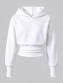 SHEIN 青少年女孩長袖連帽高腰黑色運動衫，萬聖節秋季基礎休閒風，適合健身房與學校穿著 - 白色 - 查看 3