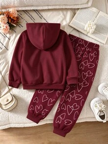 SHEIN Explorewe 女童心形元素印花酒紅色連帽衛衣與慢跑褲套裝，舒適四季百搭兩件套，休閒舒適多功能，適合街頭穿搭、日常休閒、返校與派對場合，秋季服飾 - 白色 - 查看 2