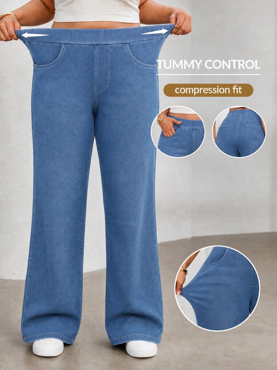 GlowEve CURVE Women's Plus Size Stretch Straight Leg Elastic Waist Denim Jeans - Light Wash - View 1