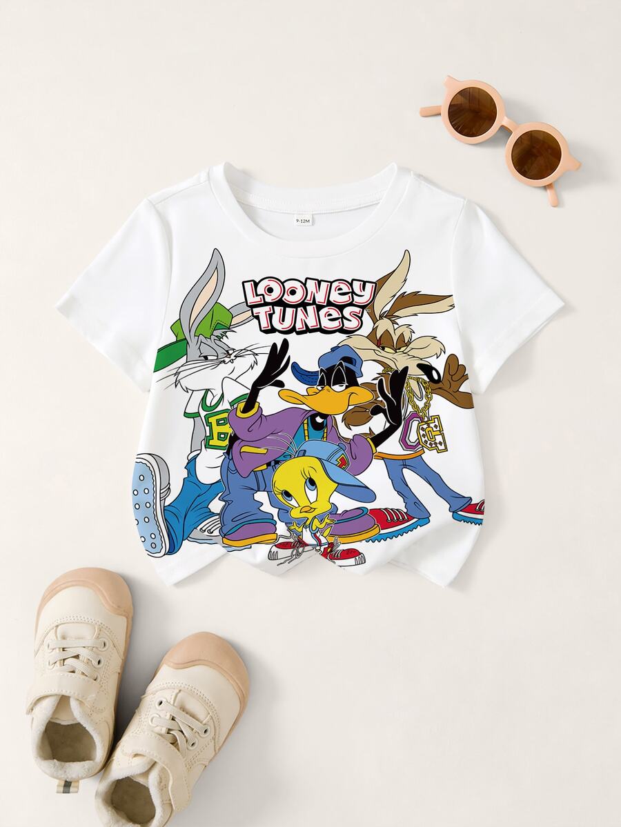 LOONEY TUNES X SHEIN 男嬰字母卡通印花短袖休閒上衣 - 白色 - 查看 1