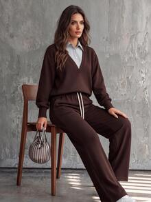 Linhara CURVE Plus Size Women's Casual Coffee Brown 2 In 1 Striped Patchwork Sweatshirt And Elastic Drawstring Wide Leg Sweatpants, Women's Casual Loose Two Pieces Sportswear Set - Coffee Brown - View 4