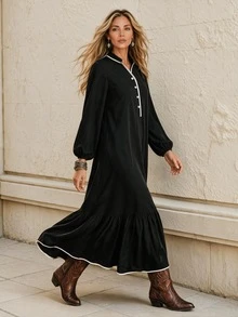 Faunlyn Gaun Wanita Fashion dengan Kancing Setengah Plaket dan Desain Blok Warna - Hitam - View 3