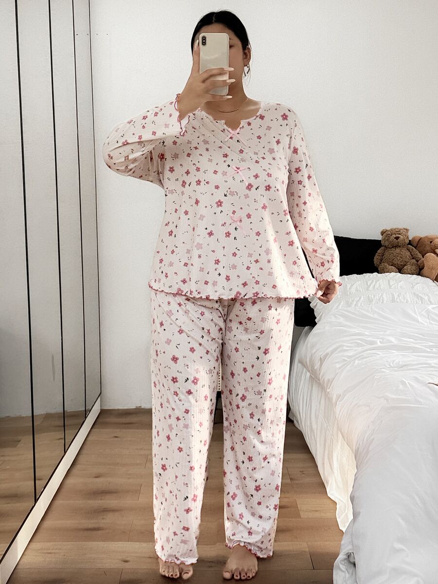 Napfluff CURVE Napfluff CURVE Romantic Ditsy Floral Long Sleeve Plus Size Pajama Set - Baby Pink - View 1