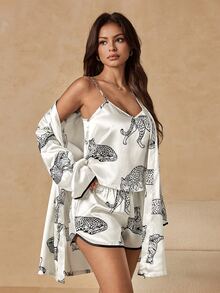 HautHeat Women's Animal Print Camisole Top, Shorts And Cardigan Casual Daily Home Sleepwear Set - White - View 3