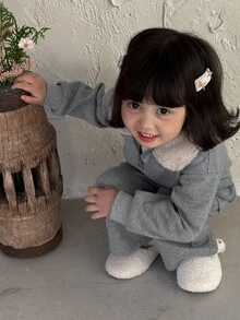 Dazy Kids Infant (Girl) Contrast Color Lapel Long Sleeve Korean Style 2 Pieces Sweatshirt Set - Grey - View 7
