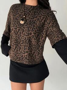 Aloruh Women's Round Neck Casual Leopard Print Pullover Fitted T-Shirt With Patchwork, Y2K Leopard Print T-Shirt - Multicolor - View 9