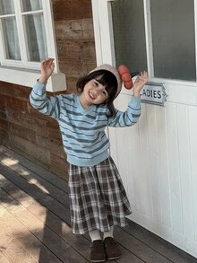 Dazy Kids Infant (Girl) V-Neck Korean Style Striped Long Sleeve Sweater - Blue - View 6