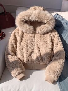 SHEIN Tween Girl Long Sleeve Zip Up Hooded Black Jacket , Halloween Autumn Fall School Y2k Streetwear - Brown - View 1