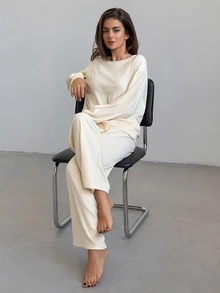 DAZY 2pcs Women's Minimalist Solid Color Loose Long Sleeve Top & Straight Leg Long Pajama Pants Set - Apricot - View 3