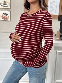 SHEIN 孕婦休閒條紋修身長袖T恤，適合秋季萬聖節秋冬休閒穿著 - 紅色 - 查看 6