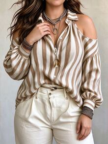 Weeklong 2026 Women's Cold Shoulder Lantern Sleeve Long Sleeve Loose Casual Cardigan Striped Print Shirt; Occasions: Daily Commute, Streetwear, Weekend Date - Multicolor - View 3