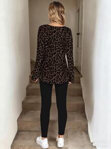 Comfylo Vintage Leopard Print Long Sleeve Top 2 Pieces Set Plus Size - Multicolor - View 2
