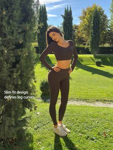 Fluxe Quần legging thể thao nữ màu trơn mặc thường ngày phong cách casual - Cà phê nâu - Xem 10