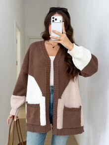 SHEIN LUNE Plus Size Women's Colorblock Casual Daily Cardigan - Coffee Brown - View 6