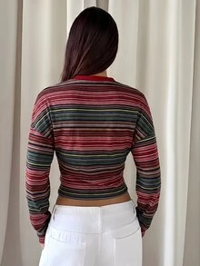 Aloruh Women's Round Neck Long Sleeve Drop Shoulder Striped T-Shirt - Multicolor - View 2