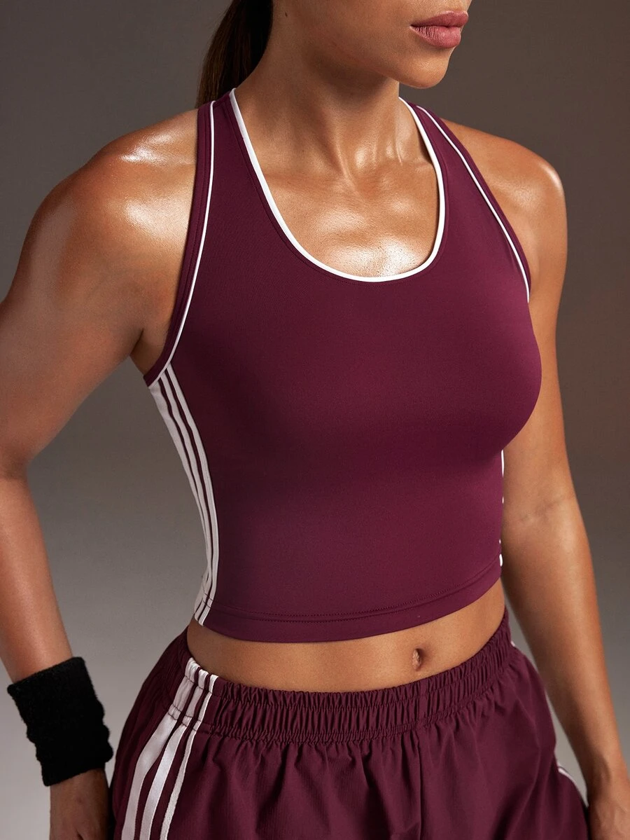 Powerista Women's Burgundy Cropped Three-Stripe Colorblock Slim Fit Sports Tank Top - Burgundy - View 1