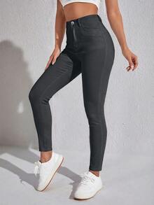 SHEIN SXY 女款素色高腰斜口袋緊身時尚牛仔褲 - 灰色 - 查看 1
