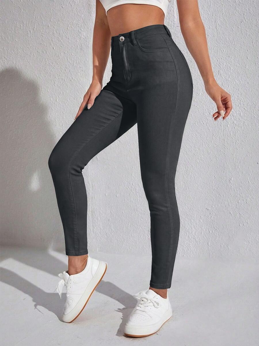 SHEIN SXY 女款素色高腰斜口袋緊身時尚牛仔褲 - 灰色 - 查看 1