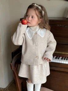 Dazy Kids Bộ áo cardigan cài nút ren và chân váy cho bé gái - Đỏ - Xem 3
