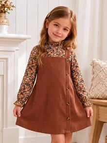 SHEIN Young Girl Fall Winter Outfits 2pcs Floral Mock Neck Ruffle Blouse And Button Side Corduroy Overal - Brown - View 3