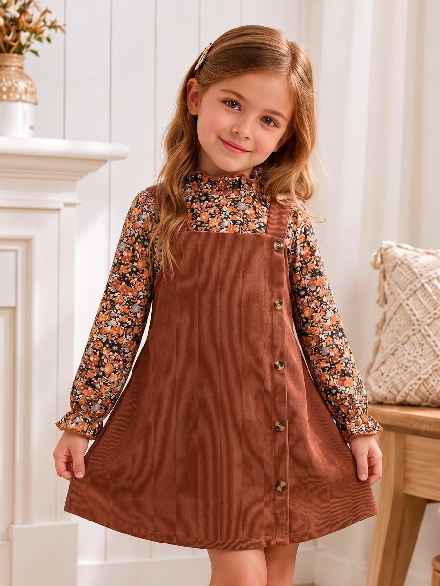 SHEIN Young Girl Fall Winter Outfits 2pcs Floral Mock Neck Ruffle Blouse And Button Side Corduroy Overal - Brown - View 1