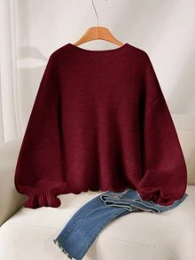 CosyJoli Áo len chui đầu dệt kim dày màu trơn dáng rộng, tay áo bo bèo, dáng ngắn, phong cách corset, màu đỏ rượu vang, phù hợp cho mùa đông, Giáng sinh, tiệc tối, trang trọng và đám cưới - Màu Đỏ Sâu - Xem 2