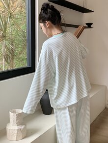 Dazy Plus 時尚條紋寬鬆休閒上衣與長褲兩件套，春秋睡衣套裝 - 薄荷綠 - 查看 2