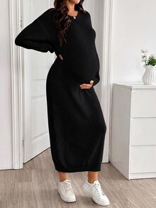 SHEIN Maternity Solid Color Casual Daily Knit Dress Winter - Black - View 5