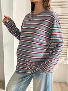 SHEIN 孕婦條紋哺乳T恤，休閒秋季穿著 - 彩色 - 查看 7
