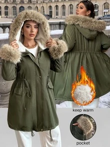 Easura Plus Size Women's Furry Cuff Drawstring Waist Casual Hooded Winter Jacket - Army Green - View 1