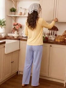 Tulorae Women's Pastoral Farm Lemon Print Round Neck Long Sleeve Woven Pants Pajama Set - Yellow - View 3