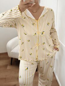 Napfluff CURVE Napfluff CURVE Romantic Pastoral Style Lemon Striped Print Long Sleeve Pants Plus Size Pajama Set - Yellow - View 6