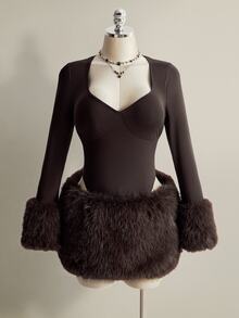 SHEIN ICON Women's Plus Size Brown Long Sleeve Jumpsuit And Faux Fur Skirt Fashion Set Winter - Brown - View 11