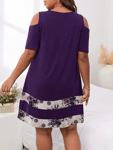 EMERY ROSE Christmas & Halloween Plus Size Minimalist Casual Contrast Color Floral Pattern Cold Shoulder Short Sleeve Loose Round Neck Dress - Fashionable Women's Dress Suitable For Outings - Purple - View 2