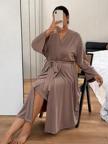 Napfluff CURVE Napfluff CURVE Plus Size Minimalist Lace Patchwork Camisole Nightgown + Loose Long Robe Loungewear Set - Brown - View 6