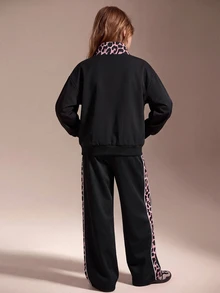 SHEIN 青少年女孩秋季套裝 2件/套 時尚休閒運動風 黑色立領夾克與長褲套裝，時尚簡約 - 黑色 - 查看 2