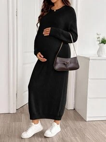 SHEIN Maternity Solid Color Casual Daily Knit Dress Winter - Black - View 8